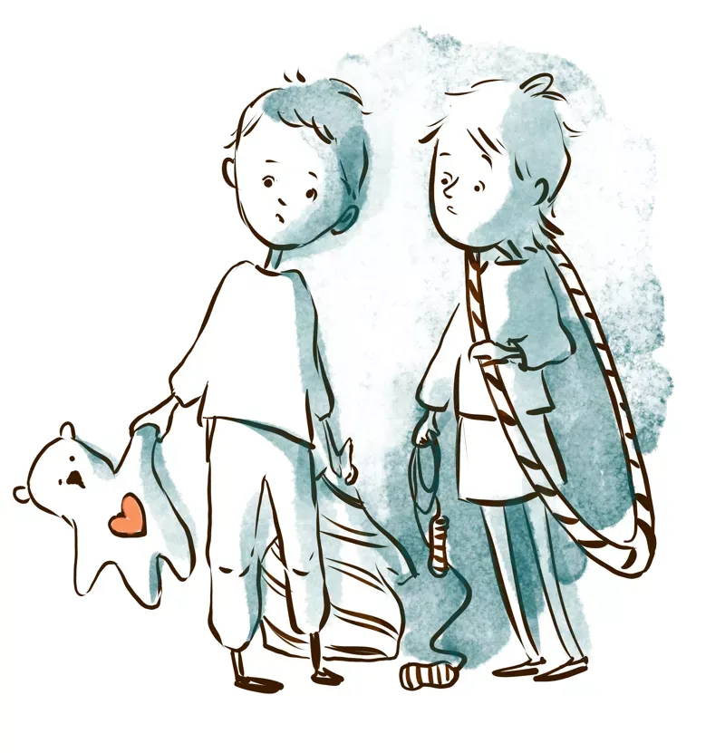 Två barn som samarbetar i ett uppdrag, som symbol för att få med sina vänner i klimatutmaningar.