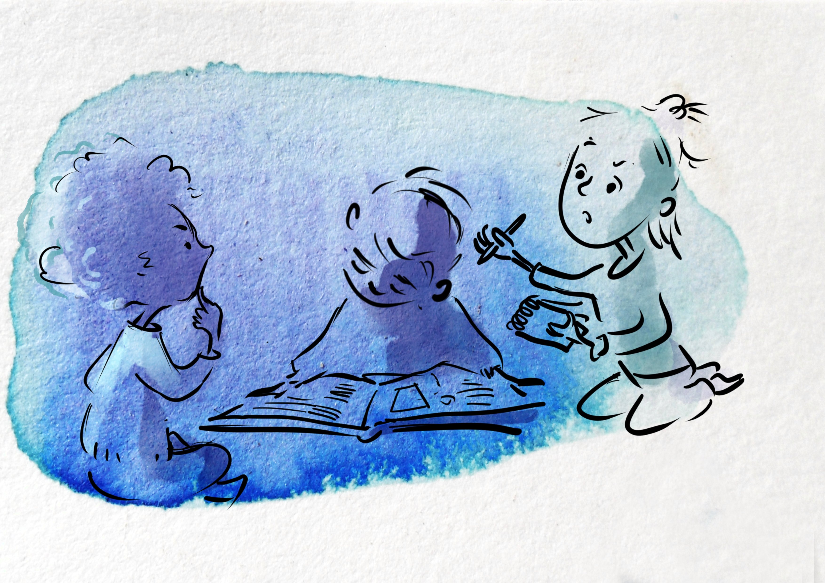 Ina och två kompisar sitter tillsammans och skriver vid ett bord, fokuserade och samarbetar kring ett uppdrag i Isbjörnsklubben.